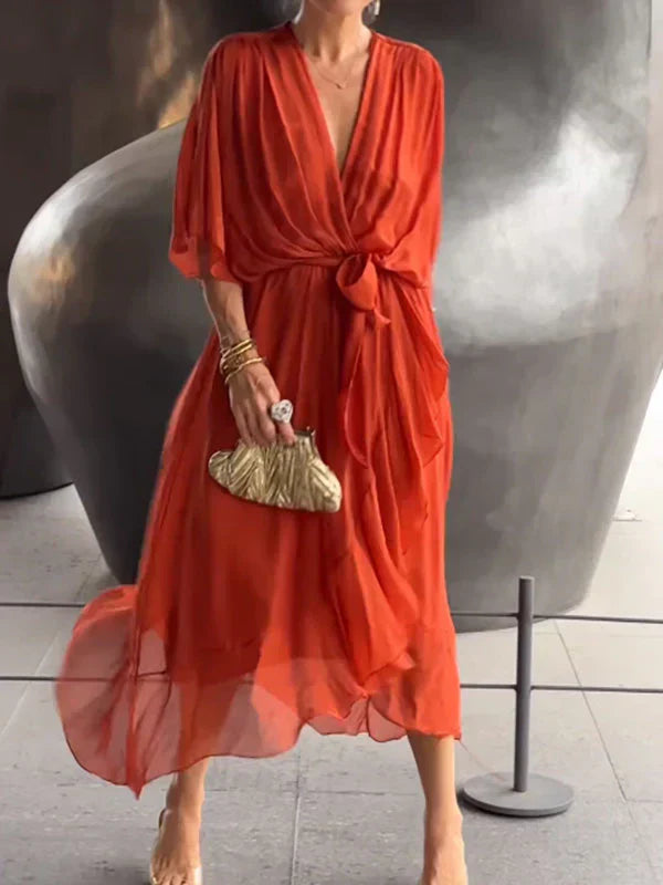 Ramilya - Vestido de Gasa Con Cuello en V