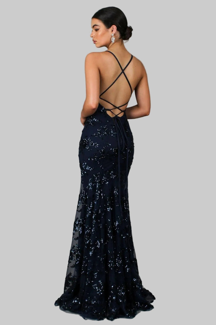 Ayela - Vestido Largo Con Escote en V y Lazo En La Espalda Con Lentejuelas