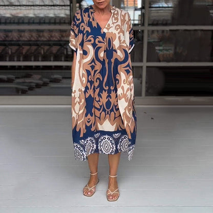 Rilana - Vestido Midi Con Cuello En V y Estampado Holgado