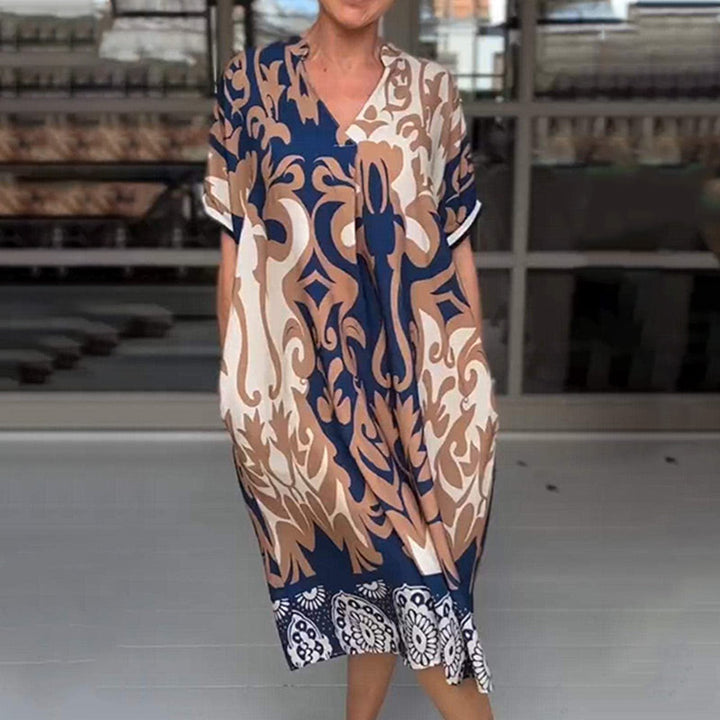 Rilana - Vestido Midi Con Cuello En V y Estampado Holgado
