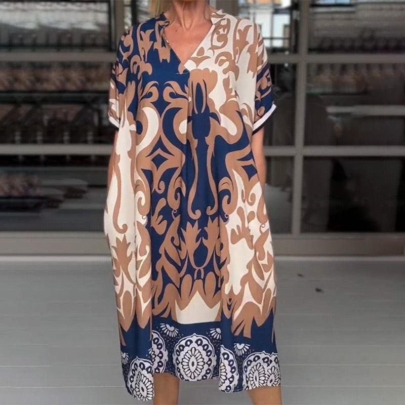 Rilana - Vestido Midi Con Cuello En V y Estampado Holgado
