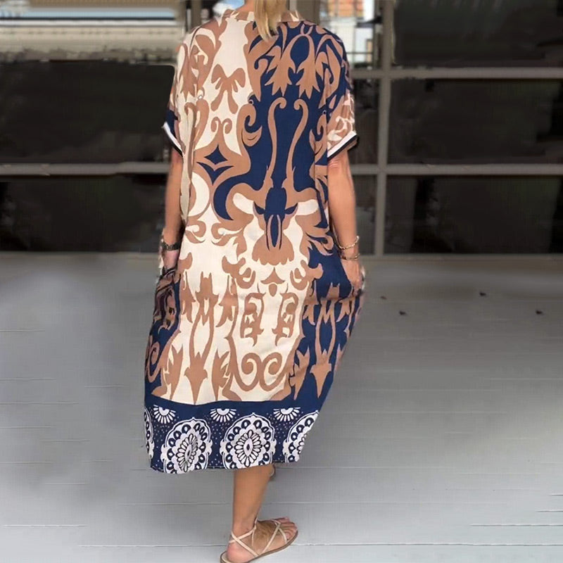 Rilana - Vestido Midi Con Cuello En V y Estampado Holgado