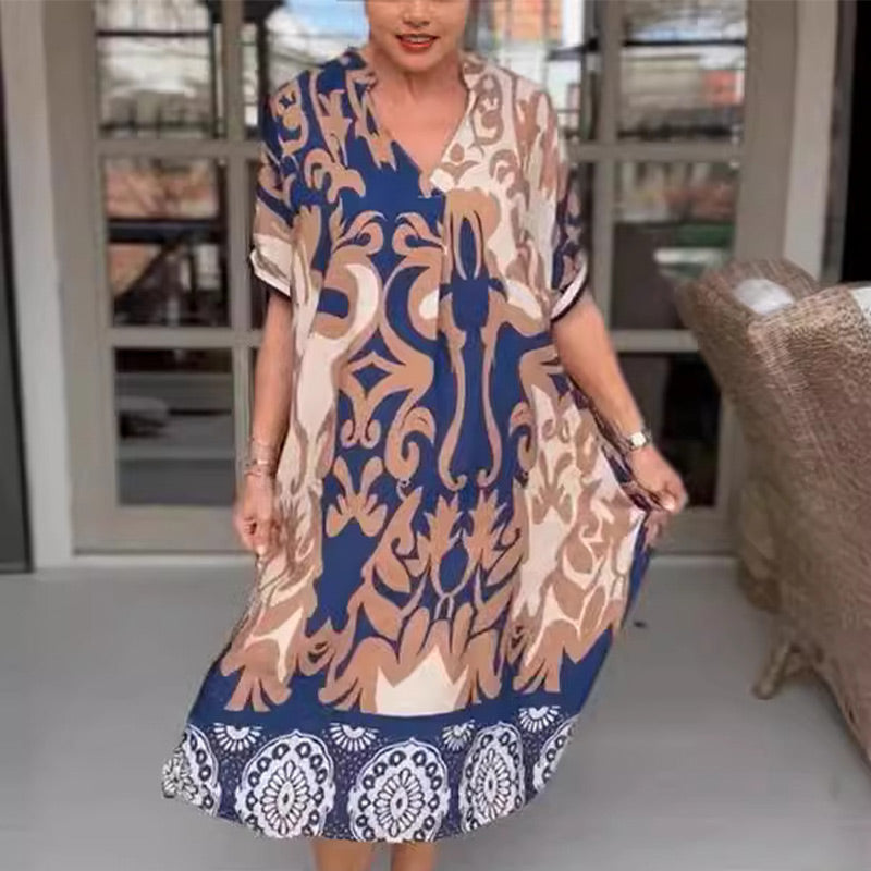 Rilana - Vestido Midi Con Cuello En V y Estampado Holgado