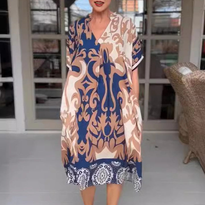 Rilana - Vestido Midi Con Cuello En V y Estampado Holgado