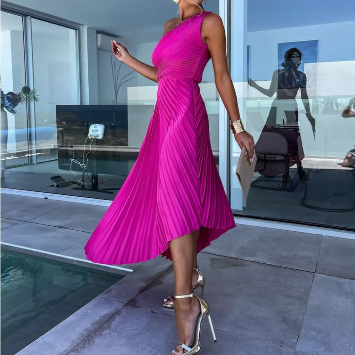 Breena - Elegante Vestido Largo Con Un Hombro Al Aire Y Plisado