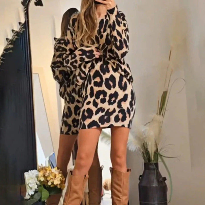 Cathy - Vestido Corto De Cuello Redondo Con Estampado De Leopardo