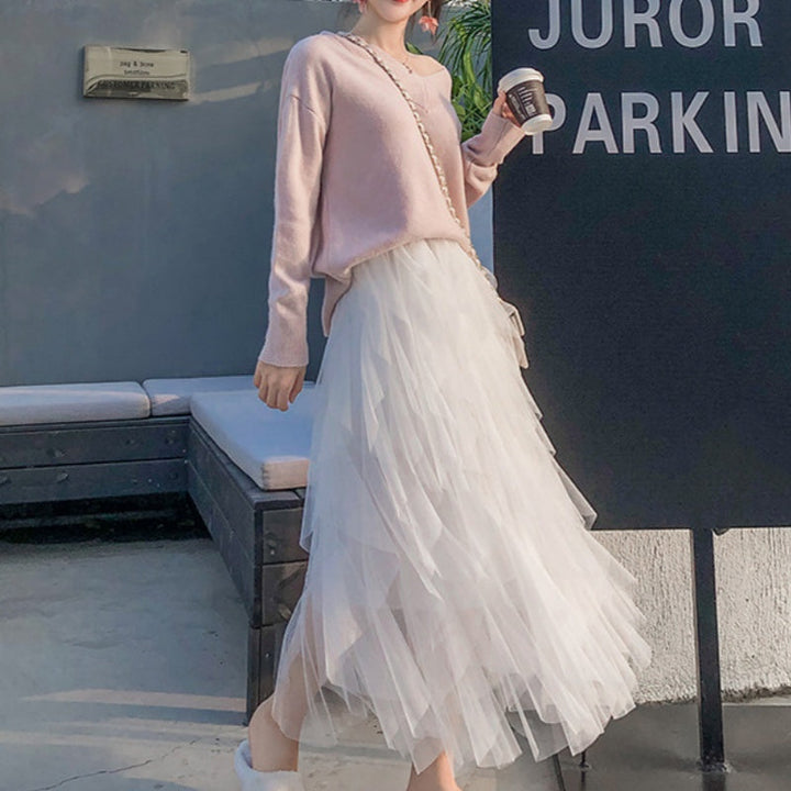 Nadeene - Falda Larga Irregular y a Capas Con Volantes