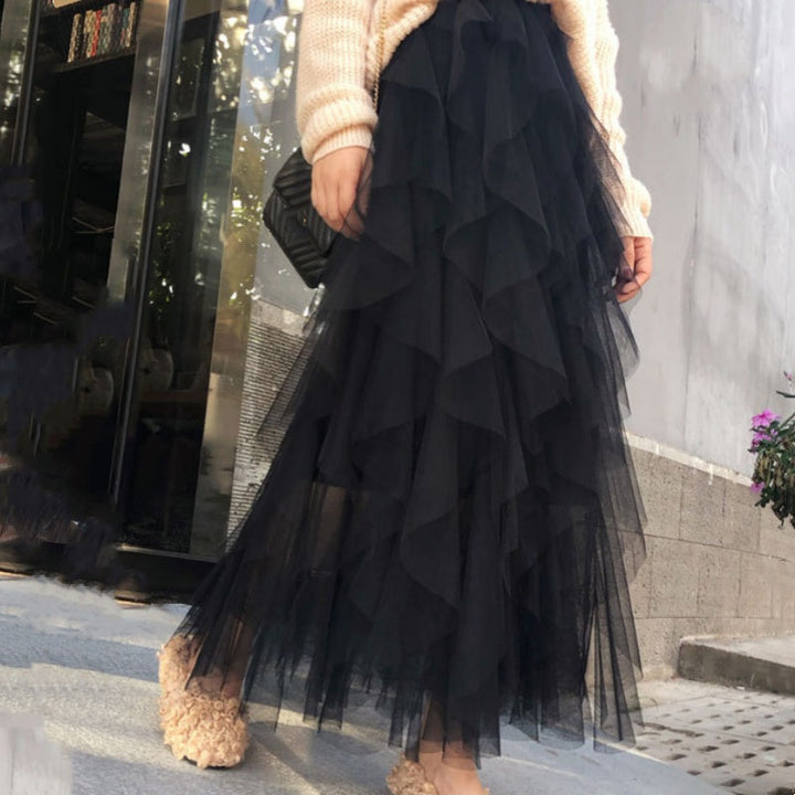 Nadeene - Falda Larga Irregular y a Capas Con Volantes