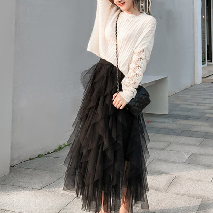 Nadeene - Falda Larga Irregular y a Capas Con Volantes