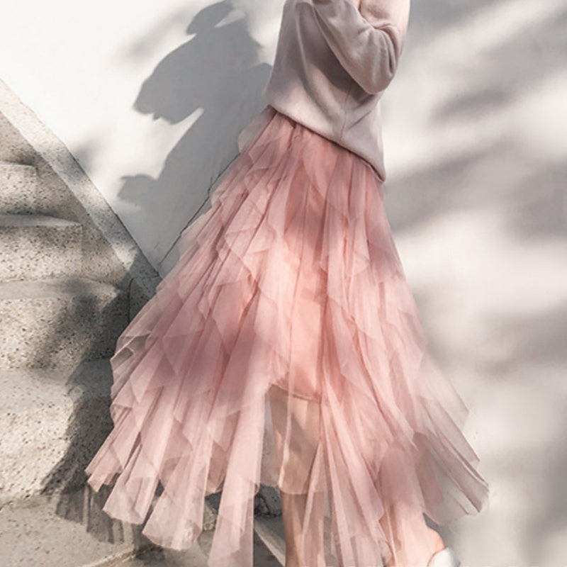 Nadeene - Falda Larga Irregular y a Capas Con Volantes
