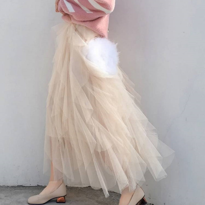Nadeene - Falda Larga Irregular y a Capas Con Volantes