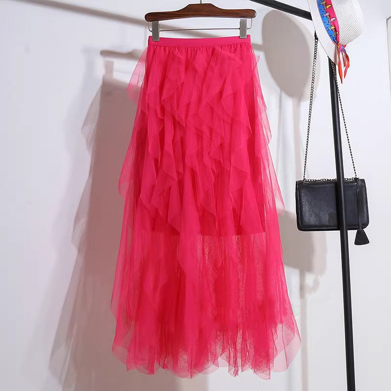 Nadeene - Falda Larga Irregular y a Capas Con Volantes