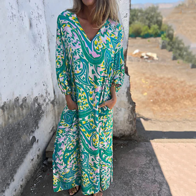 Yanina - Maxi Vestido Con Cuello en V Estampado