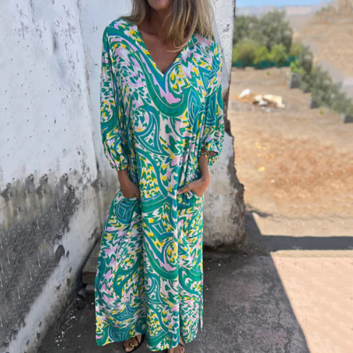 Yanina - Maxi Vestido Con Cuello en V Estampado