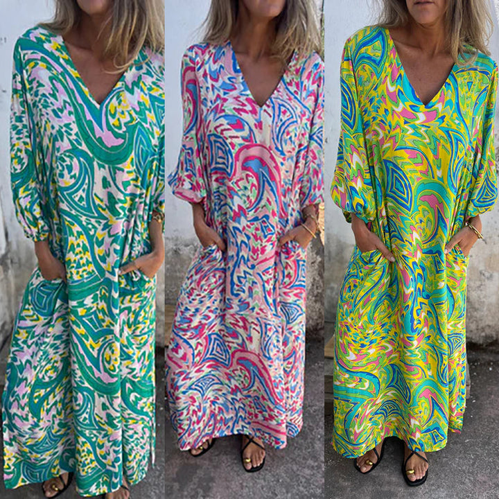 Yanina - Maxi Vestido Con Cuello en V Estampado