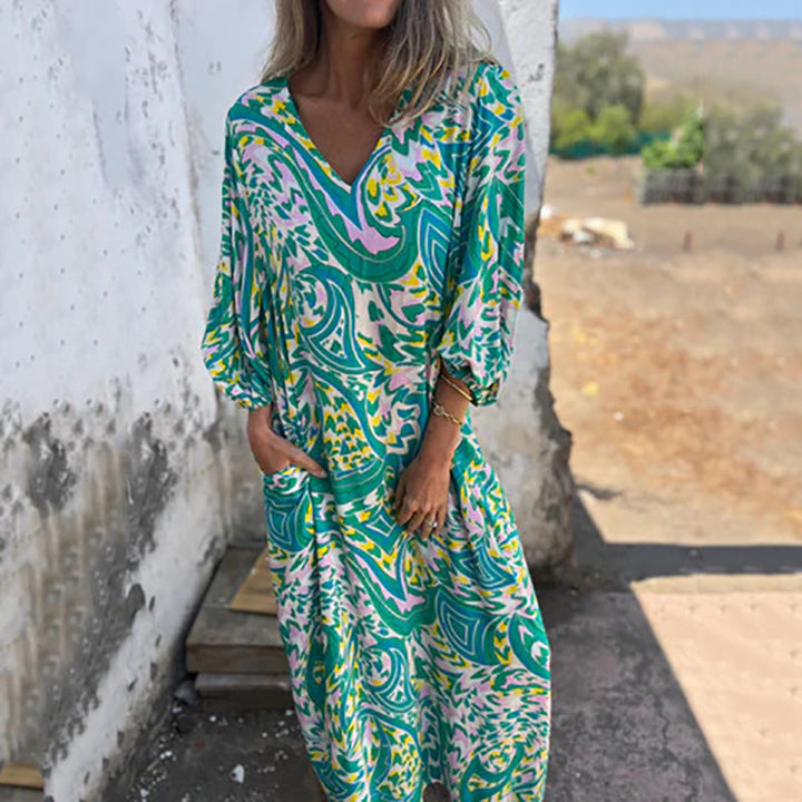 Yanina - Maxi Vestido Con Cuello en V Estampado