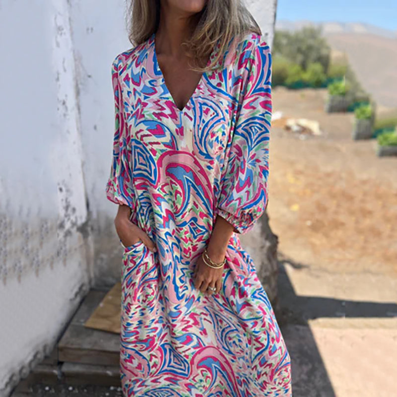 Yanina - Maxi Vestido Con Cuello en V Estampado