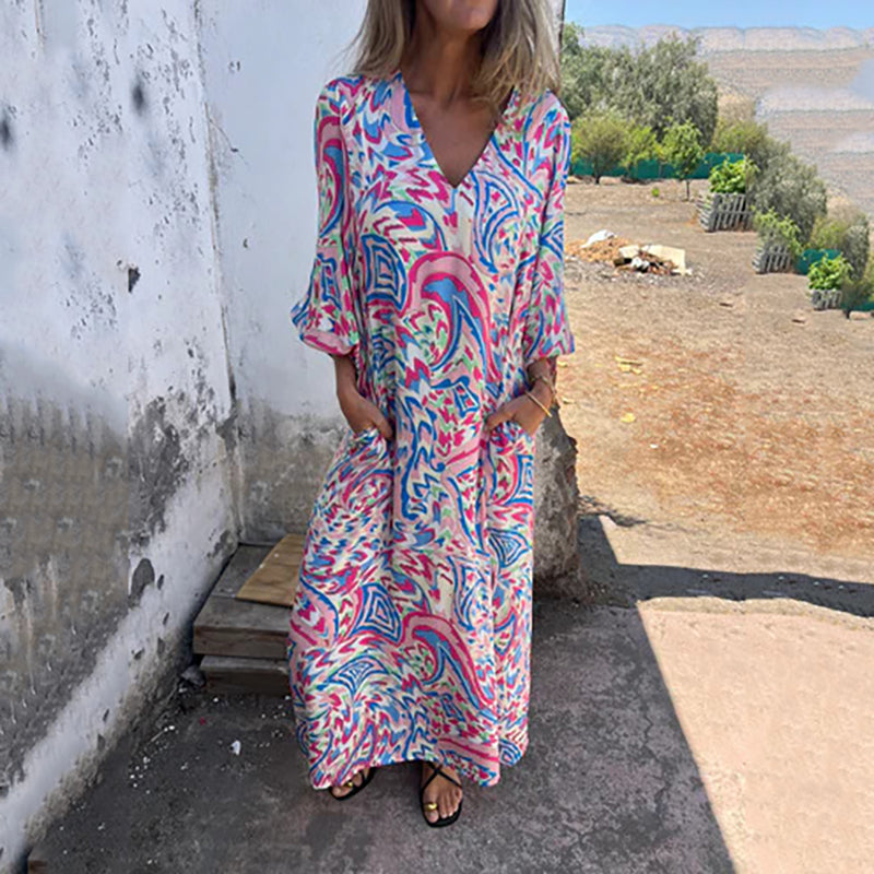Yanina - Maxi Vestido Con Cuello en V Estampado