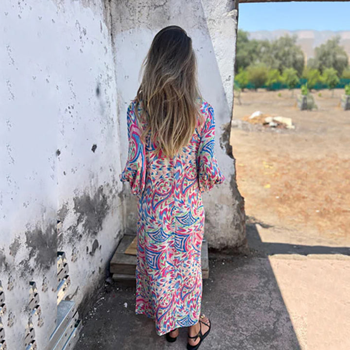 Yanina - Maxi Vestido Con Cuello en V Estampado