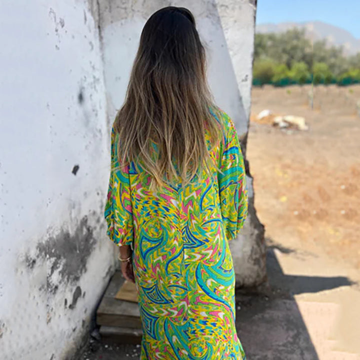Yanina - Maxi Vestido Con Cuello en V Estampado