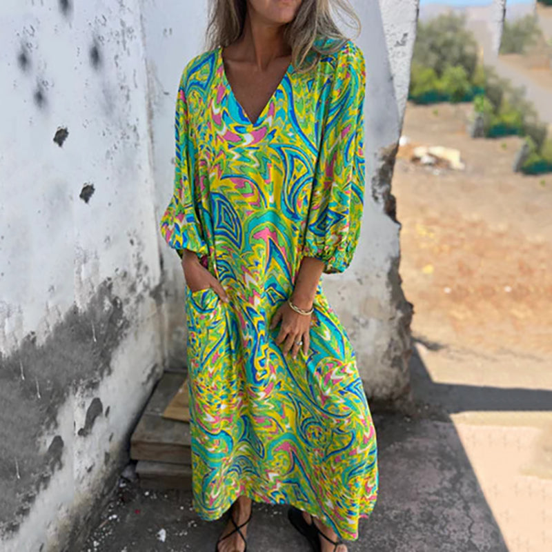 Yanina - Maxi Vestido Con Cuello en V Estampado