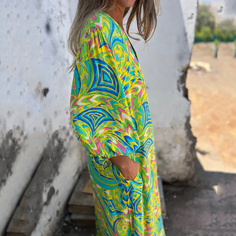 Yanina - Maxi Vestido Con Cuello en V Estampado