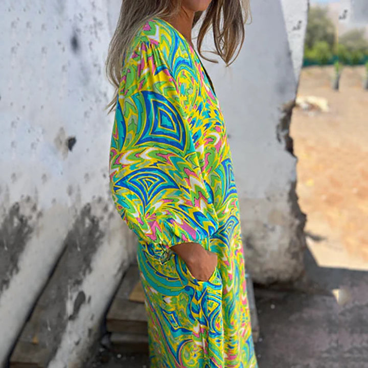 Yanina - Maxi Vestido Con Cuello en V Estampado