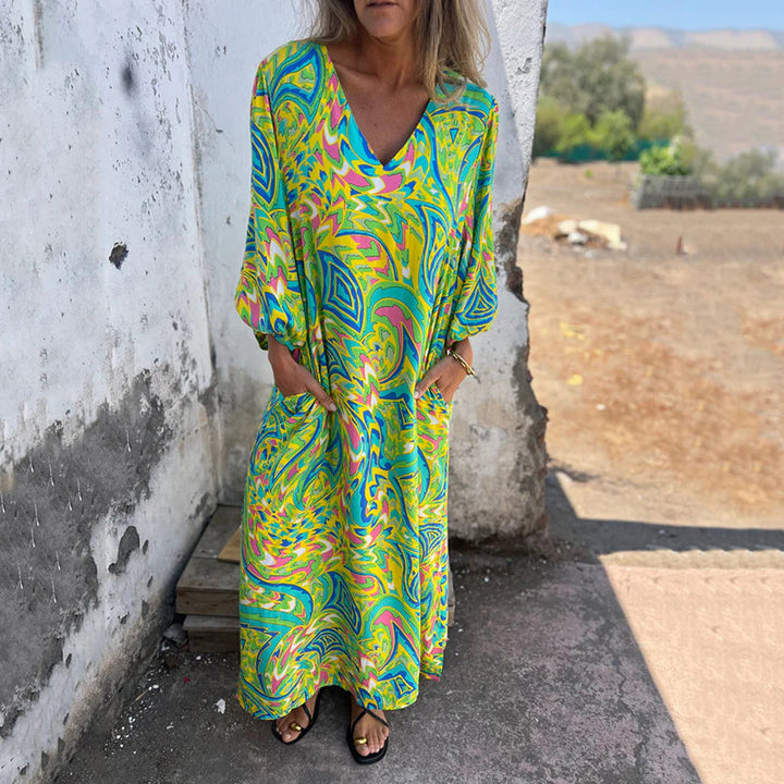 Yanina - Maxi Vestido Con Cuello en V Estampado