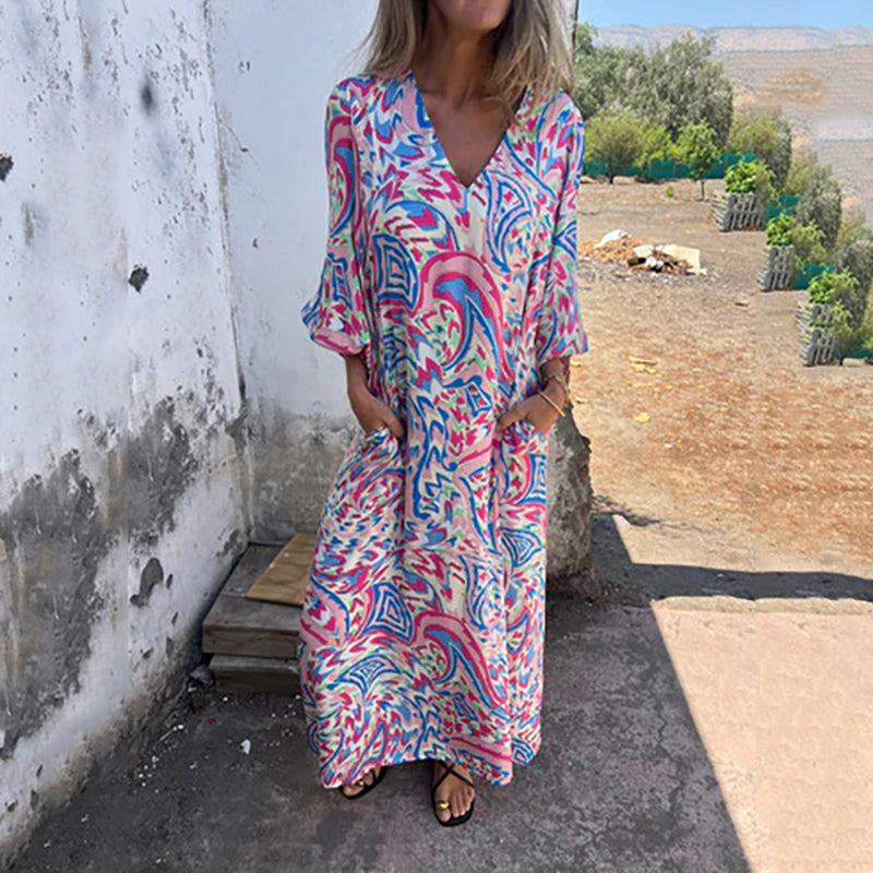 Yanina - Maxi Vestido Con Cuello en V Estampado