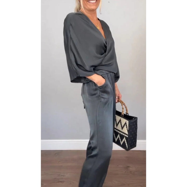 Samira - Top Con Cuello En V y Pantalones De Algodón Mercerizado