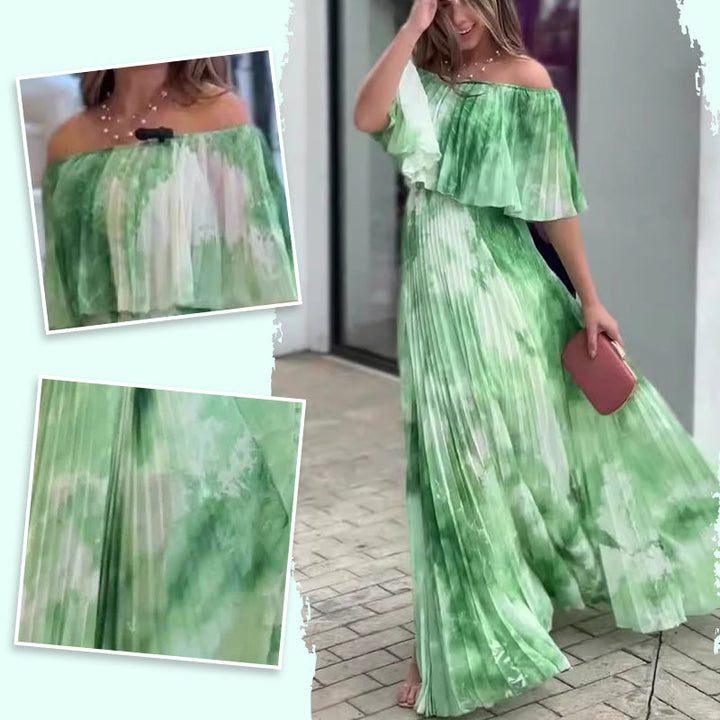 Vinelia - Vestido Plisado Estampado con Hombros Descubiertos