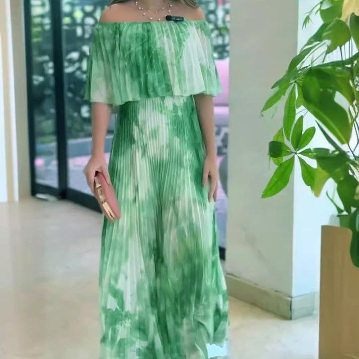 Vinelia - Vestido Plisado Estampado con Hombros Descubiertos