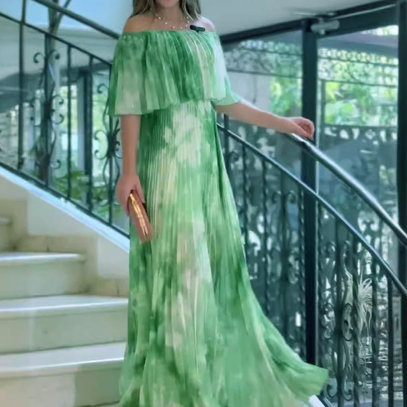 Vinelia - Vestido Plisado Estampado con Hombros Descubiertos
