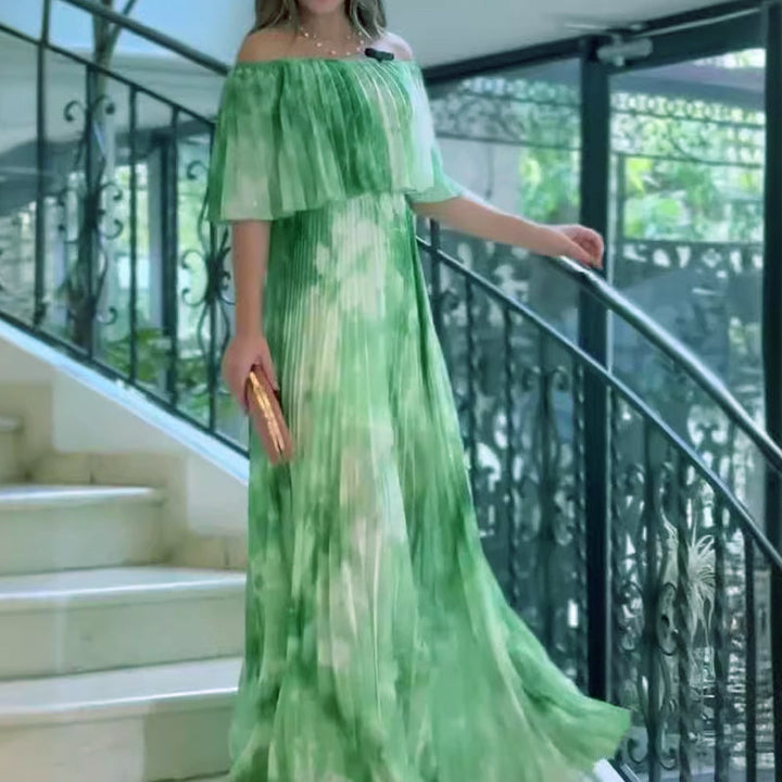 Vinelia - Vestido Plisado Estampado con Hombros Descubiertos