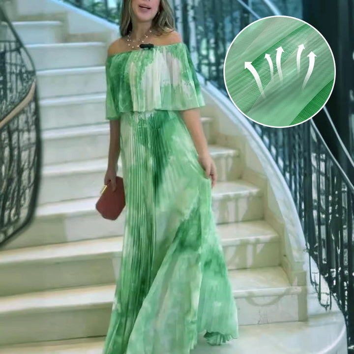 Vinelia - Vestido Plisado Estampado con Hombros Descubiertos
