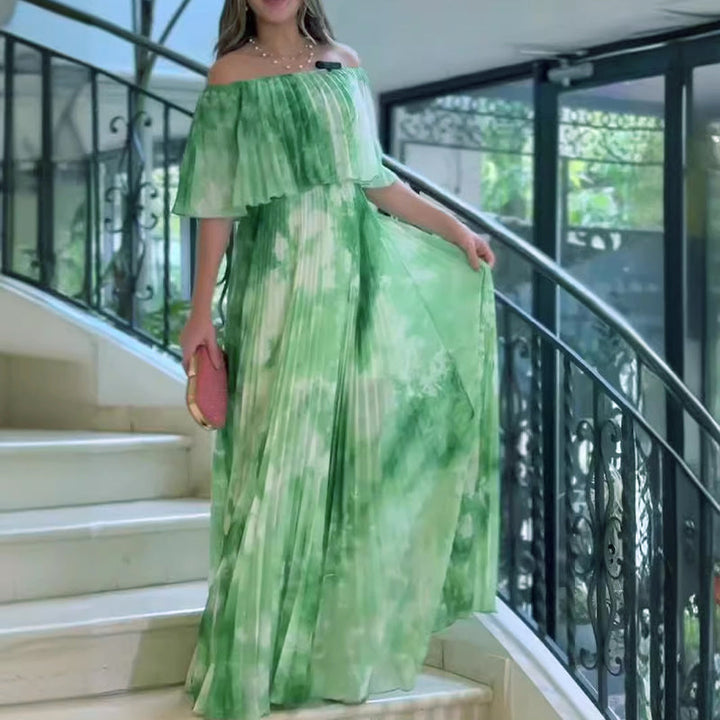 Vinelia - Vestido Plisado Estampado con Hombros Descubiertos