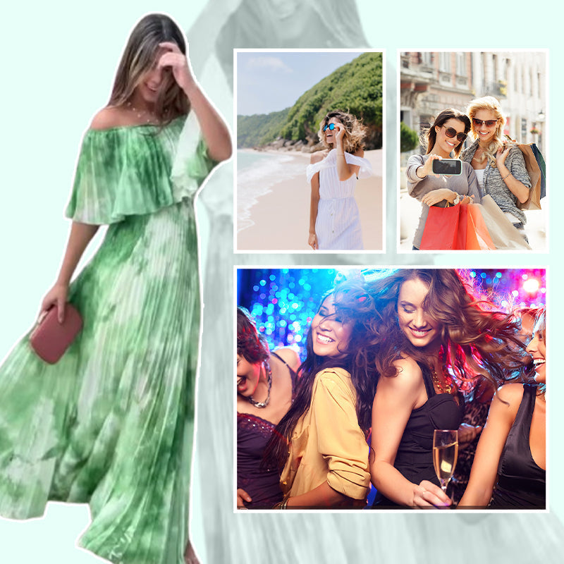 Vinelia - Vestido Plisado Estampado con Hombros Descubiertos