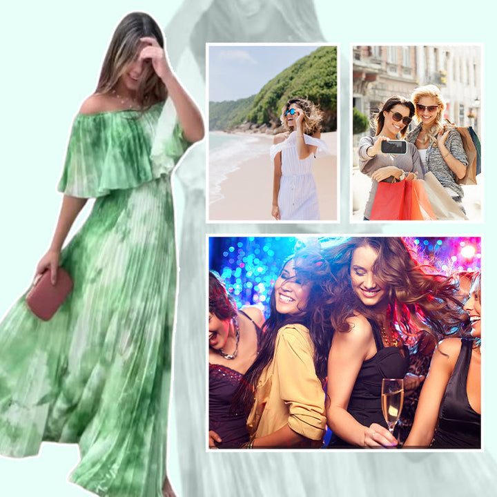 Vinelia - Vestido Plisado Estampado con Hombros Descubiertos