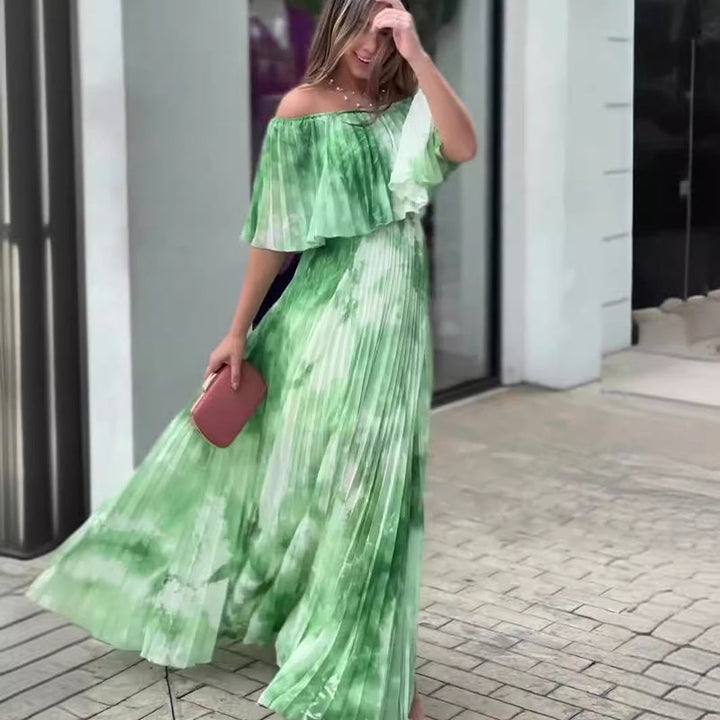 Vinelia - Vestido Plisado Estampado con Hombros Descubiertos