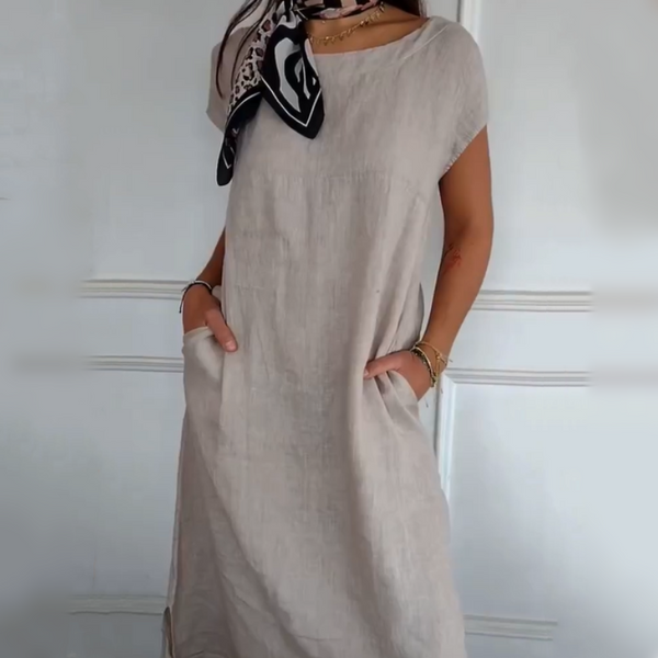Erietta - Vestido De Lino De Cuello Redondo y Corte Holgado