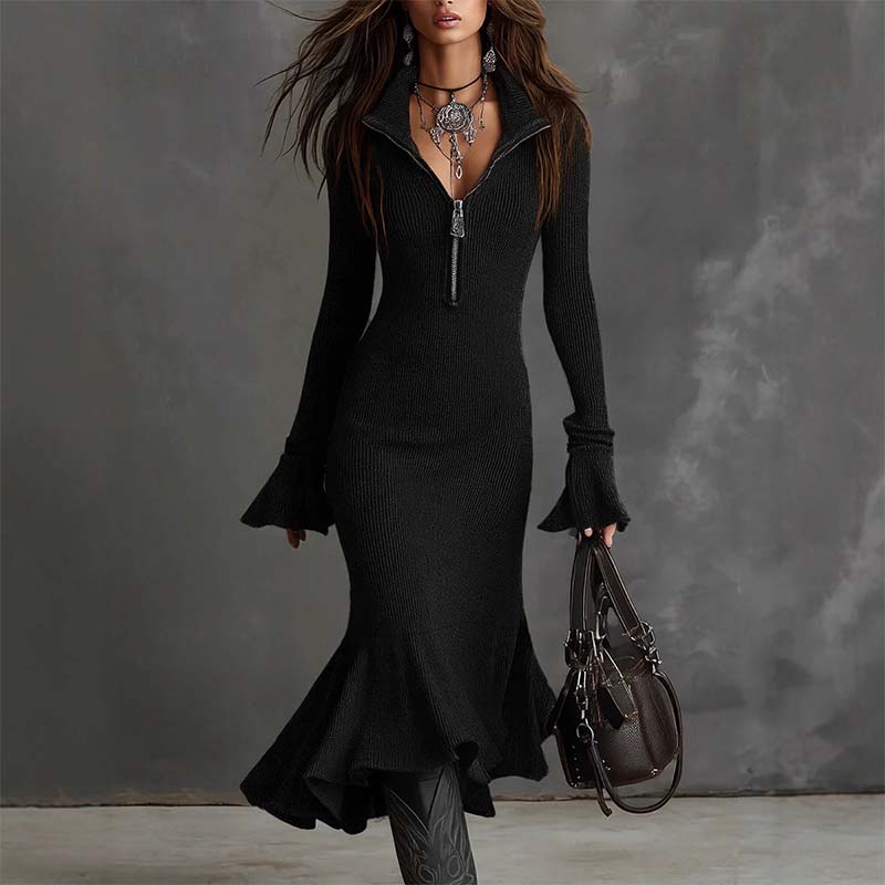 Yafella - Vestido Elegante de Punto Con Cremallera y Mangas Acampanadas