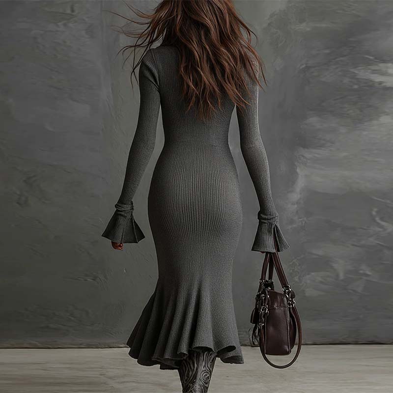 Yafella - Vestido Elegante de Punto Con Cremallera y Mangas Acampanadas