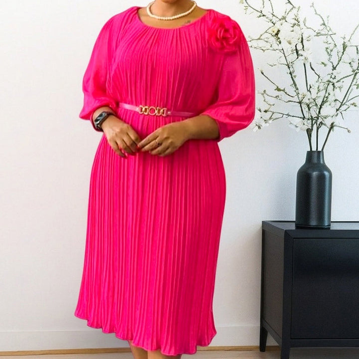 Ingeborga - Vestido Midi Plisado Con Mangas 3/4 y Cinturón