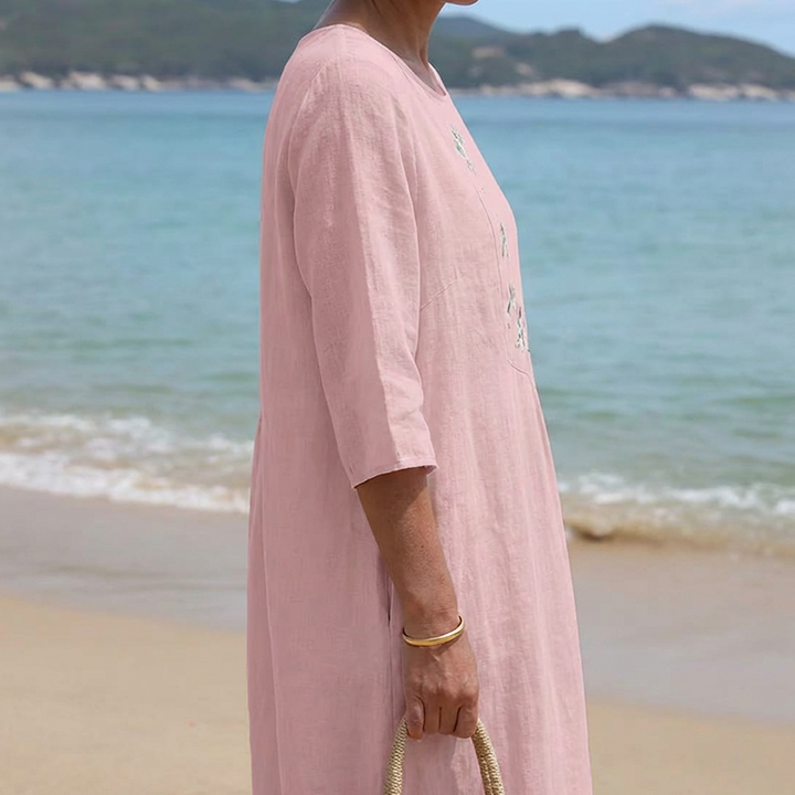Molaka - Cómodo Vestido Midi De Lino Bordado