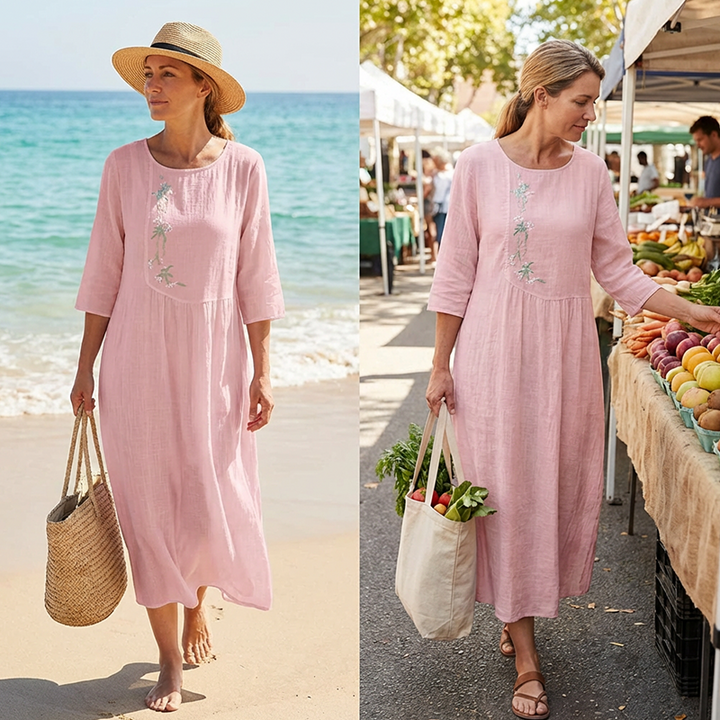 Molaka - Cómodo Vestido Midi De Lino Bordado