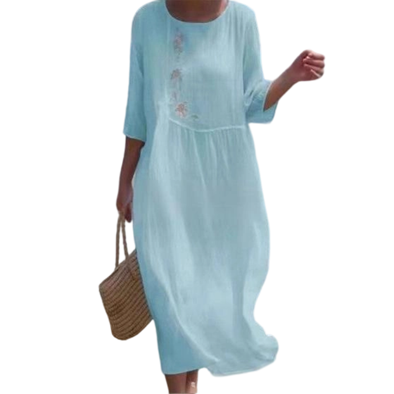 Molaka - Cómodo Vestido Midi De Lino Bordado
