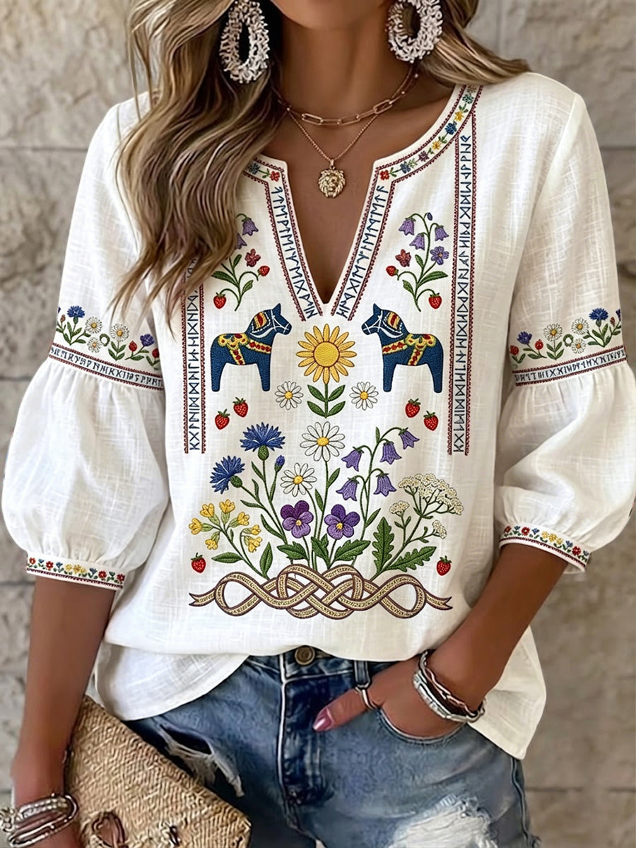 Nirilia - Top Floral Con Cuello En V De Estilo Vintage