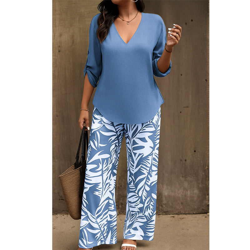 Liwia - Elegante Conjunto De Verano Con Blusa De Cuello en V Y Pantalones Estampados