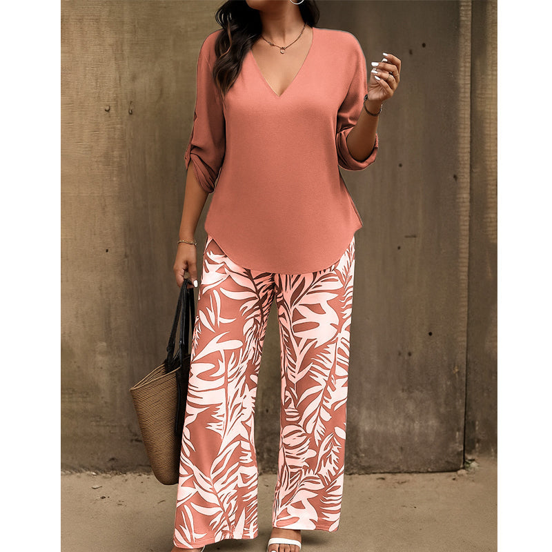 Liwia - Elegante Conjunto De Verano Con Blusa De Cuello en V Y Pantalones Estampados