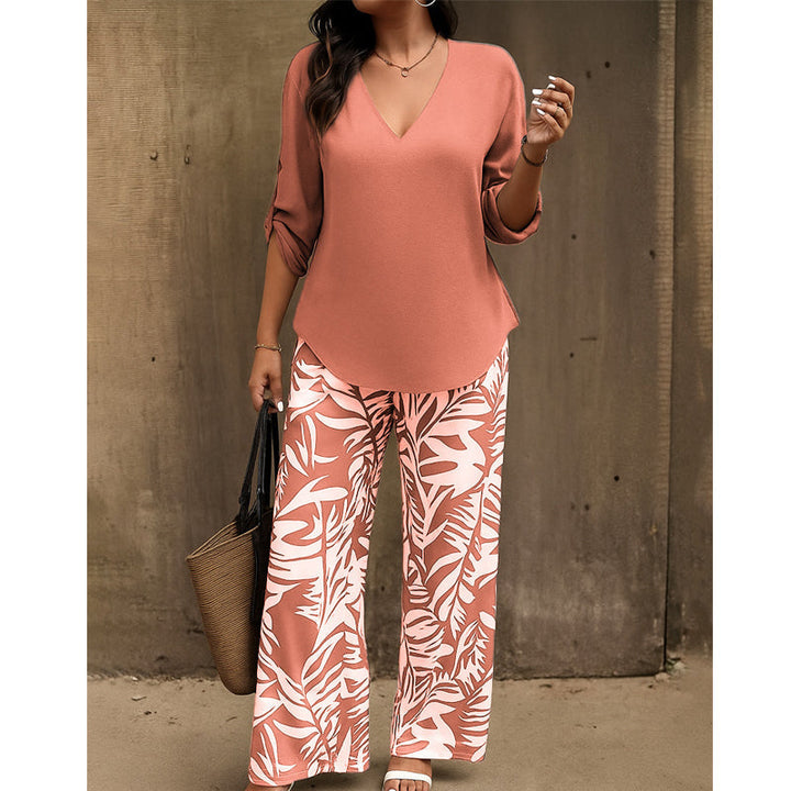Liwia - Elegante Conjunto De Verano Con Blusa De Cuello en V Y Pantalones Estampados